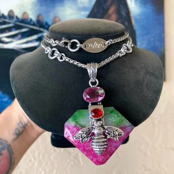 925 sterling silver overlay pink green agate & mystic topaz bee boho necklace . - Picture 14 of 14
